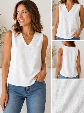 Justify Size 6 White Gauze 100%  cotton Sleeveless  Textured V-Neck Flowy Top